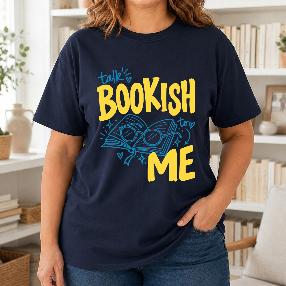 Talk Bookish To Me Cotton T-Shirt | Book Lover Gift Navy