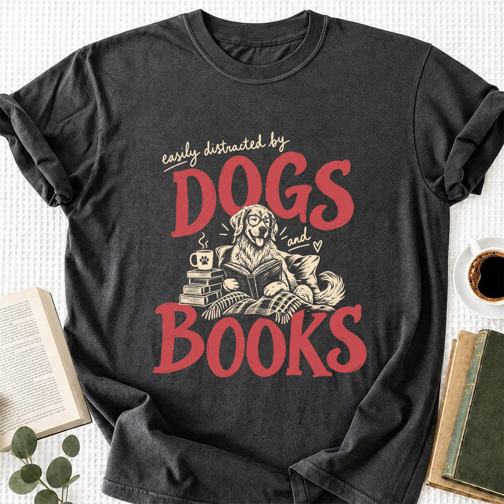 Easily Distracted By Dogs And Books Softstyle T-Shirt | Book Lover Gift Dark Heather