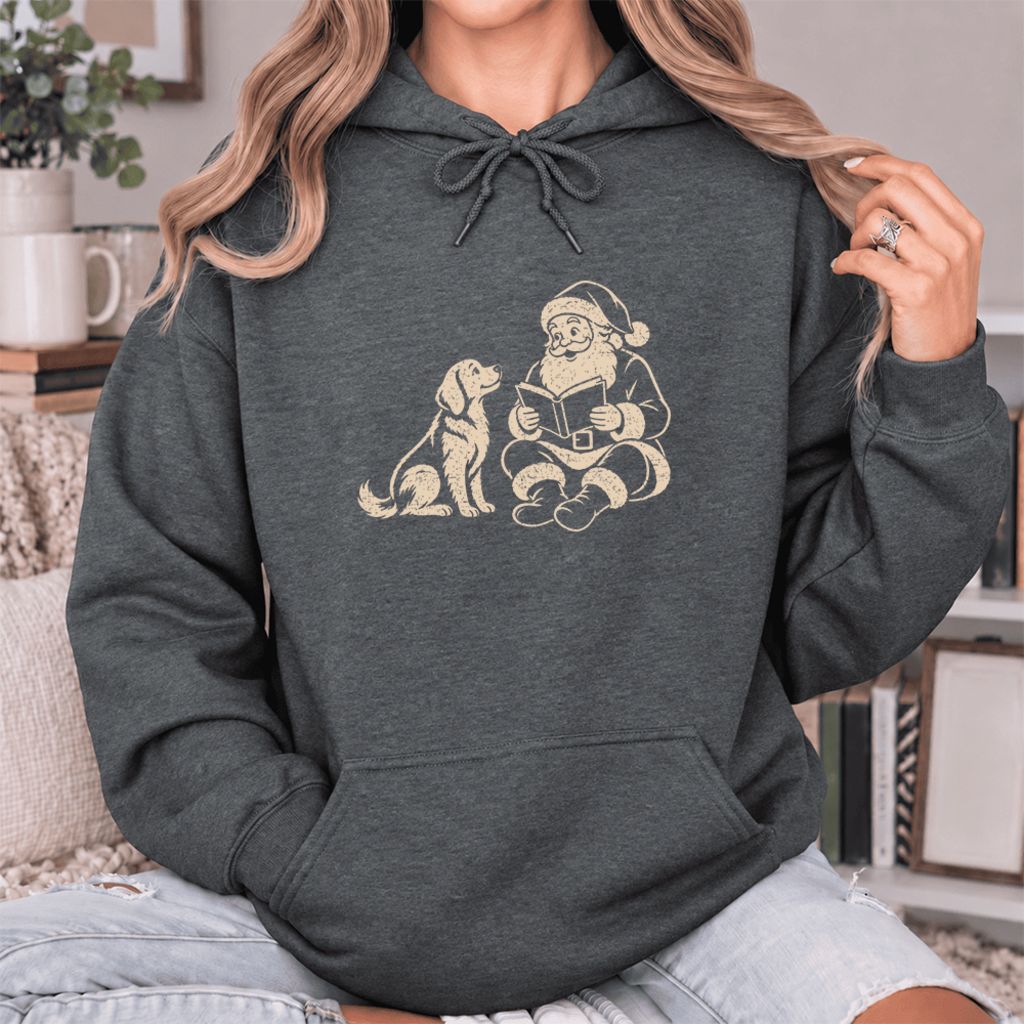 Funny Dog With Santa Christmas Softstyle Hoodie | Christmas Gift For Dog & Book Lover Dark Heather