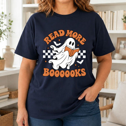 Read More Books Flying Ghost Printed T-Shirt | Halloween Book Lover Gift Navy