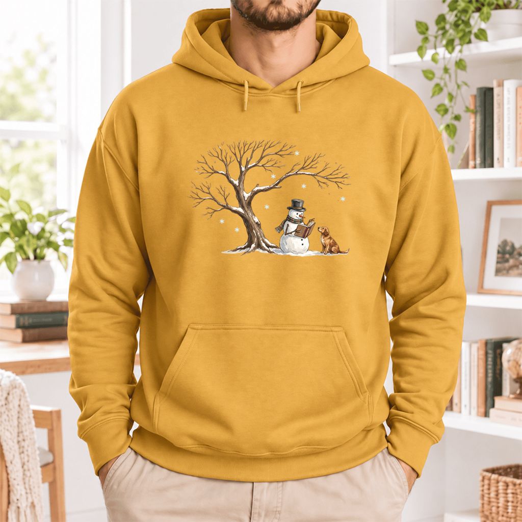 Golden Retriever And Snowman Under Tree Softstyle Hoodie | Christmas Reader Gift Mustard
