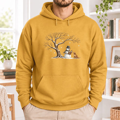 Golden Retriever And Snowman Under Tree Softstyle Hoodie | Christmas Reader Gift Mustard