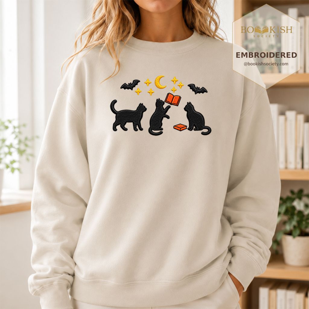 Black Cats With Books Embroidered Sweatshirt | Spooky Reader Gift Sand