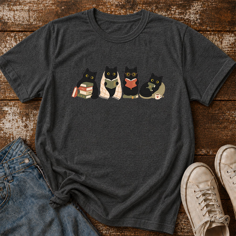 Black Cats Reading Softstyle T-Shirt | Book Lover Gift Dark Heather