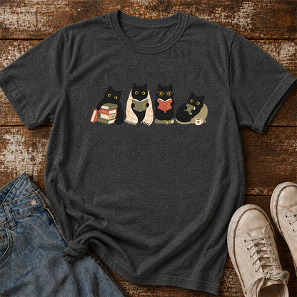 Black Cats Reading Softstyle T-Shirt | Book Lover Gift Dark Heather