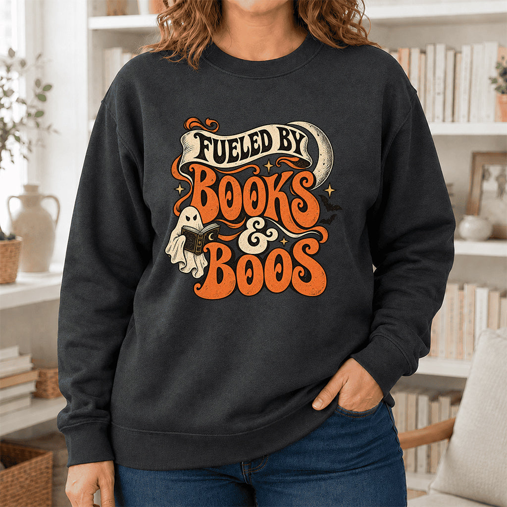 Fueled By Books & Boos Printed Sweatshirt | Halloween Book Lover Gift Dark Heather
