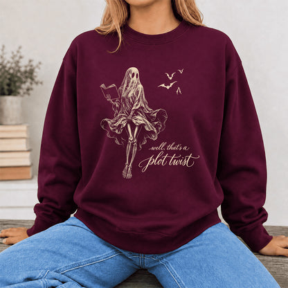 Funny Dress-Wearing Bookworm Ghost Printed Sweatshirt | Halloween Reader Gift Maroon