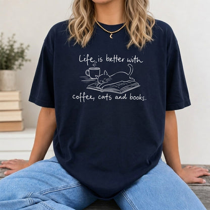 Funny Cats and Books Design Softstyle T-Shirt | Book Lover Gift Navy