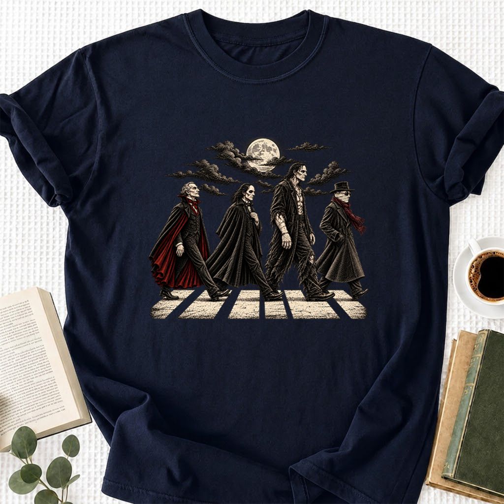 Monsters Road Printed T-Shirt | Halloween Book Lover Gift Navy