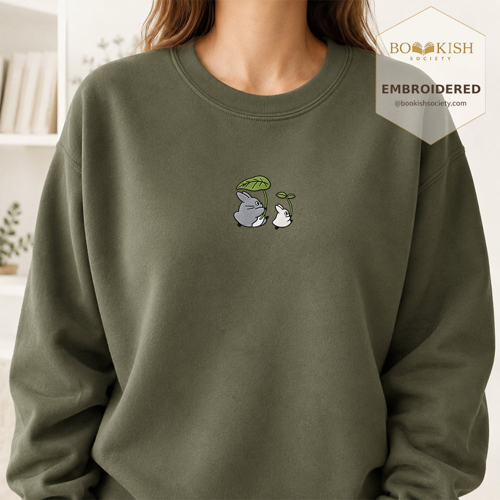 Forest Spirits and Flowers Embroidered Sweatshirt | Reader Gift Military Green