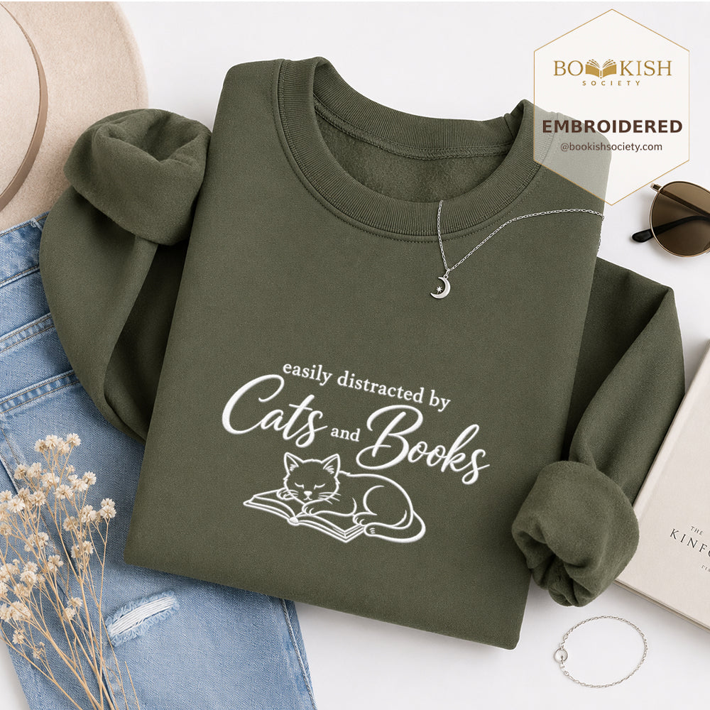 Distracted By Cats And Books Embroidered Sweatshirt | Reader Gift Military Green