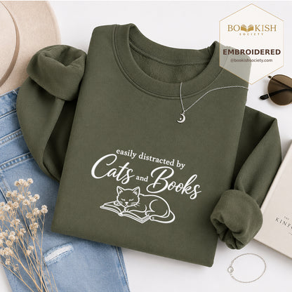 Distracted By Cats And Books Embroidered Sweatshirt | Reader Gift Military Green