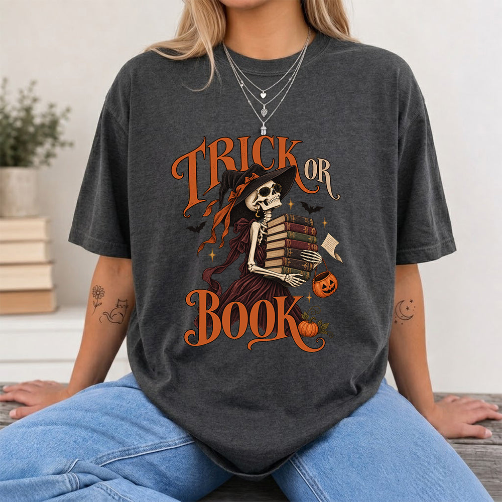 Trick Or Book Lady Printed T-Shirt | Halloween Book Lover Gift Dark Heather