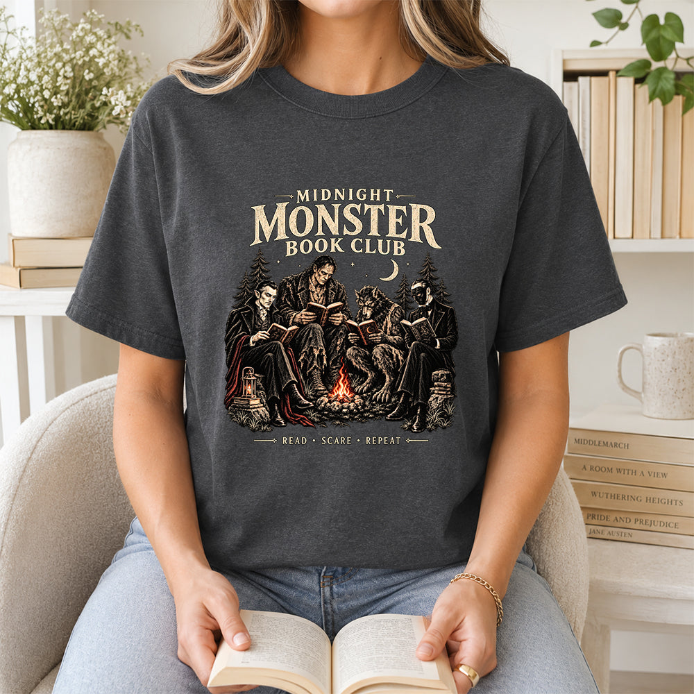 Midnight Monster Book Club Printed T-Shirt | Halloween Book Lover Gift Dark Heather