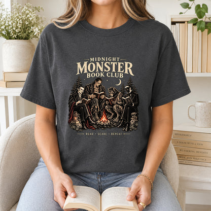 Midnight Monster Book Club Printed T-Shirt | Halloween Book Lover Gift Dark Heather