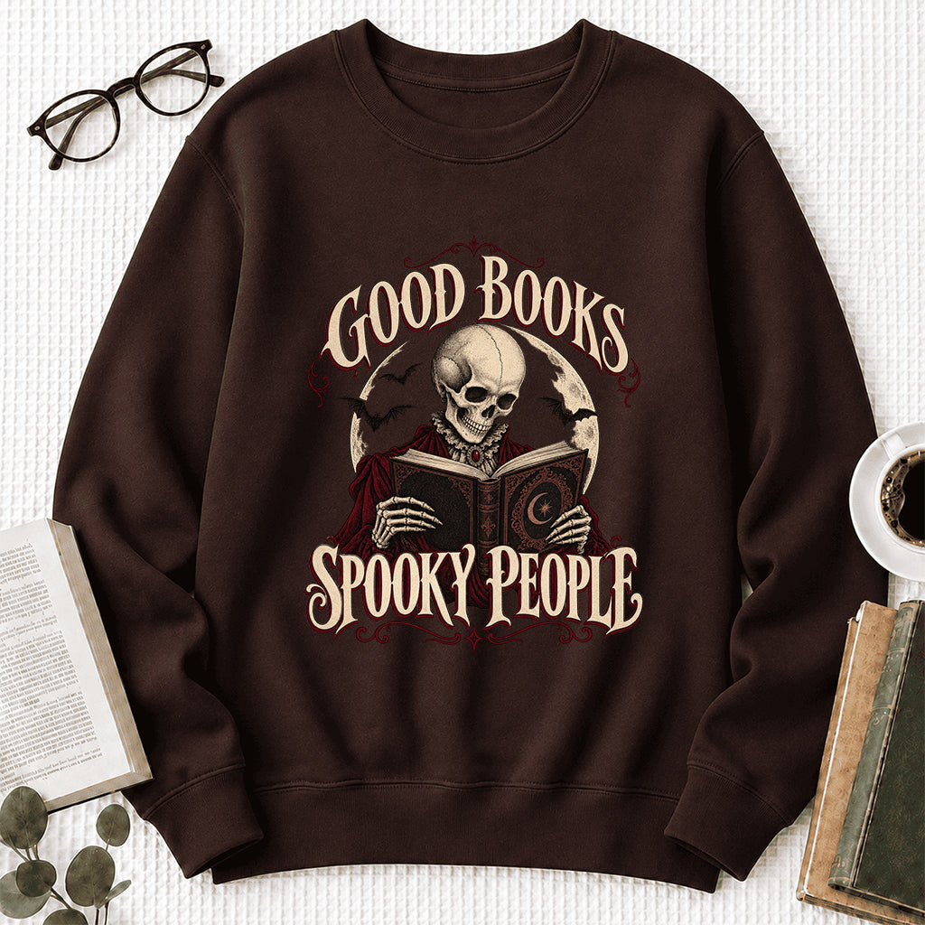 Good Books Spooky People Printed Sweatshirt | Halloween Book Lover Gift Dark Chocolate