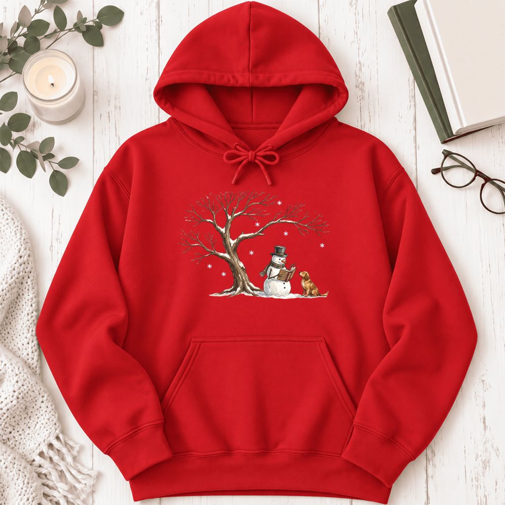 Golden Retriever And Snowman Under Tree Softstyle Hoodie | Christmas Reader Gift Red