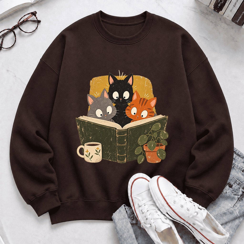 Minimal Japanese Cats Reading Crewneck Sweatshirt | Reader Gift Dark Chocolate