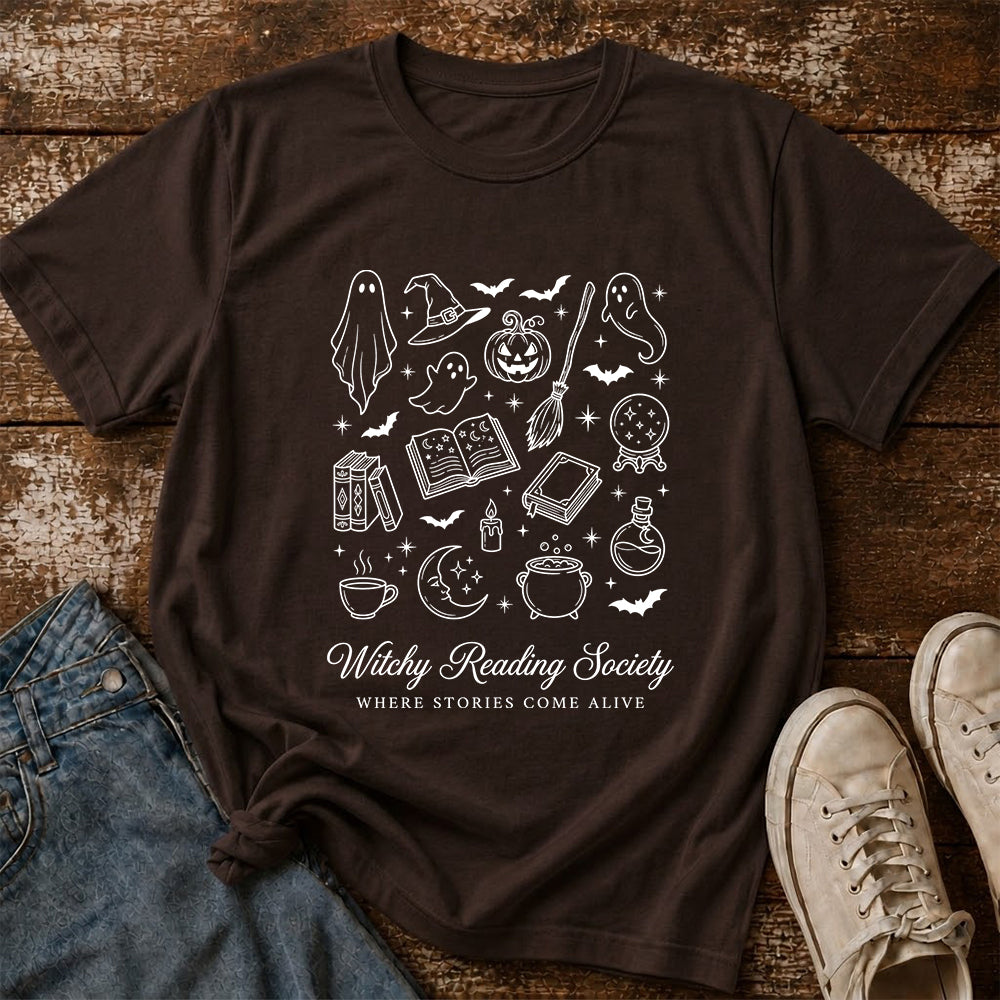 Witchy Reading Society Printed T-Shirt | Halloween Reader Gift Dark Chocolate