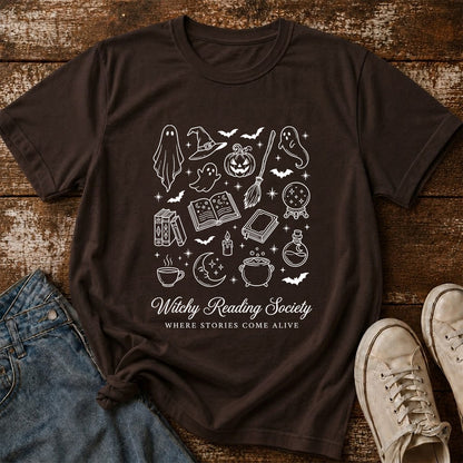 Witchy Reading Society Printed T-Shirt | Halloween Reader Gift Dark Chocolate