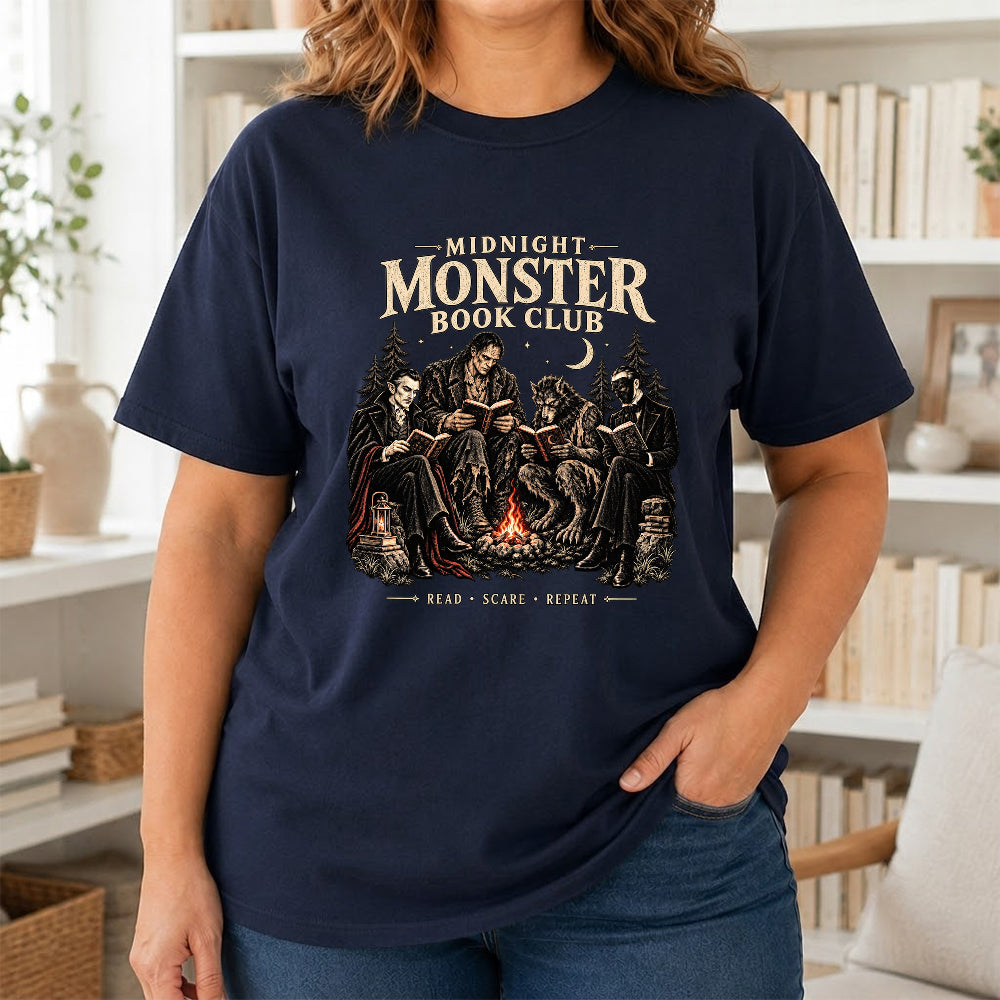 Midnight Monster Book Club Printed T-Shirt | Halloween Book Lover Gift Navy