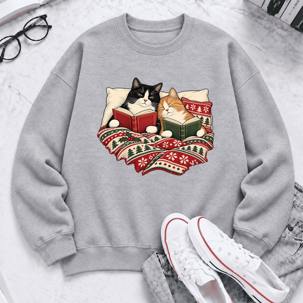 Christmas Reading Cat Couple Softstyle Sweatshirt | Cozy Christmas Gift Sport Grey