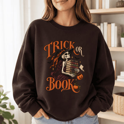 Trick Or Book Printed Sweatshirt | Halloween Book Lover Gift Dark Chocolate