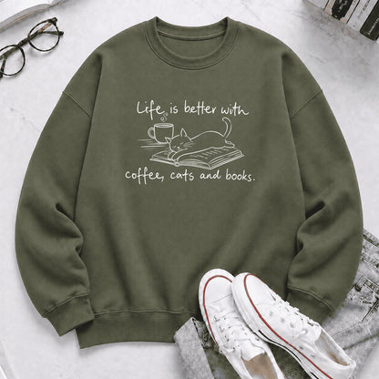 Funny Cats and Books Crewneck Sweatshirt | Reader Gift Military Green
