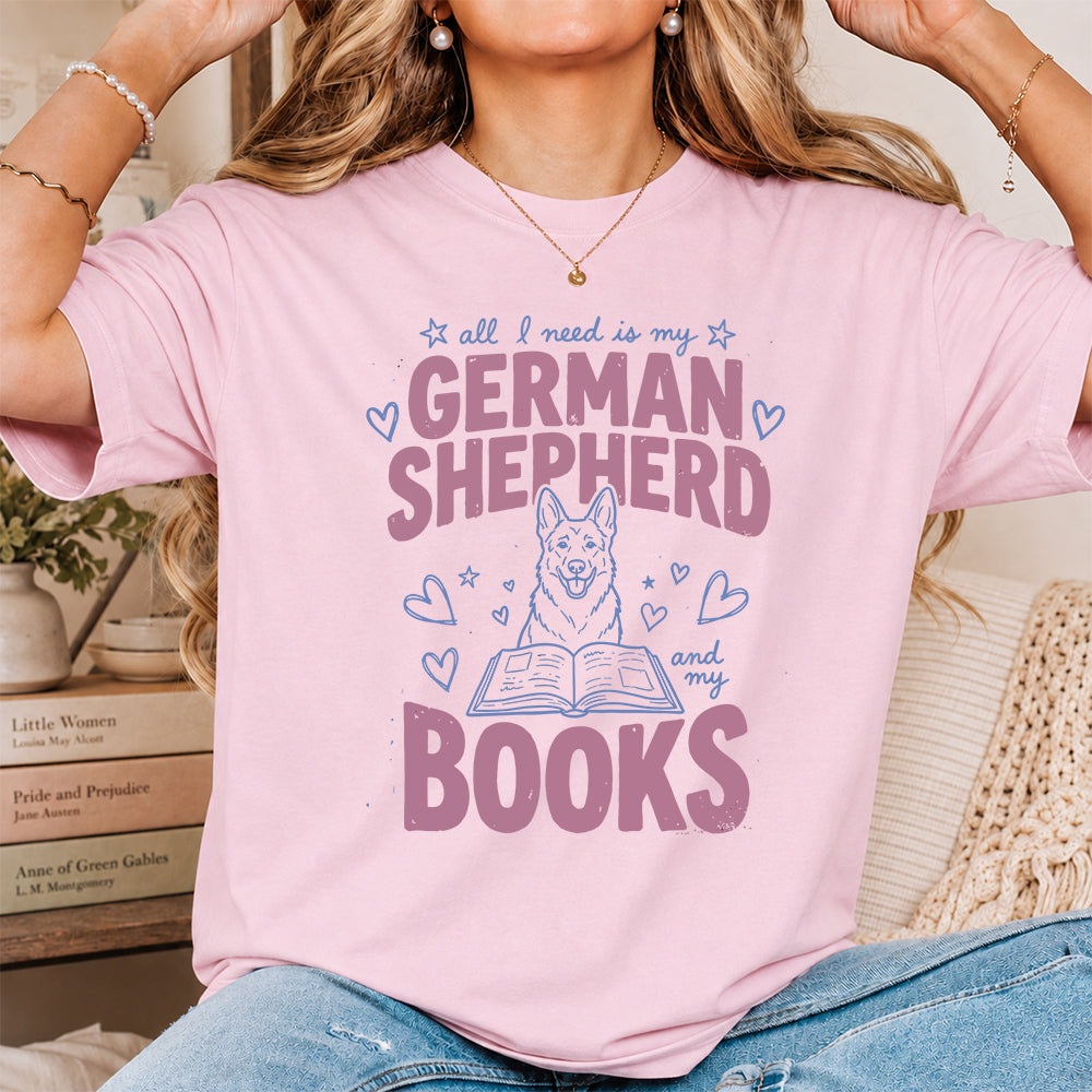 All I Need Is My German Shepherd And My Books Cotton T-Shirt | Dogs Lover & Reader Gift Light Pink
