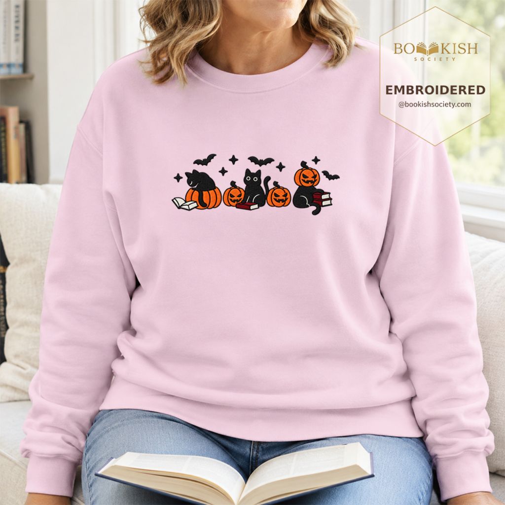 Black Cats And Halloween Embroidered Sweatshirt | Spooky Book Lover Gift Light Pink