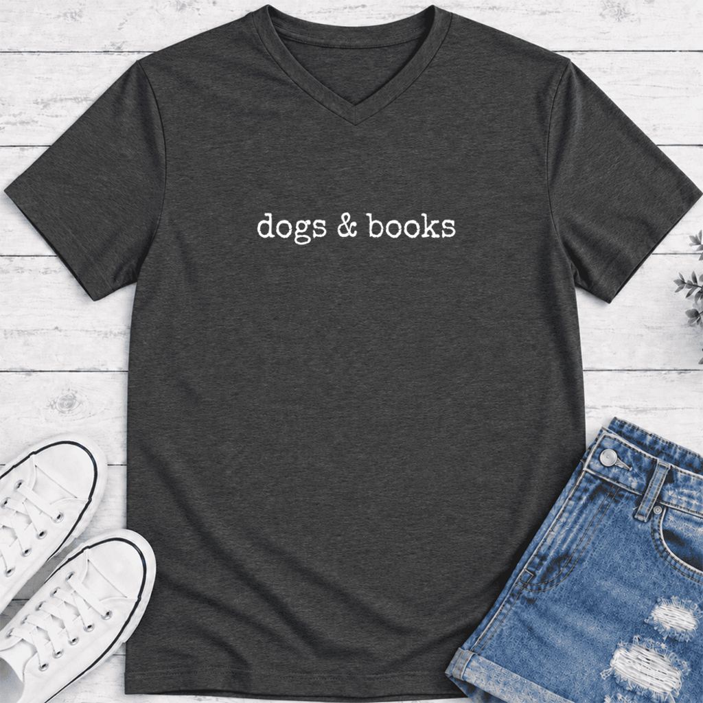Dogs & Books Ultra-Soft V-Neck | Dog Lover & Reader Gift Dark Grey Heather