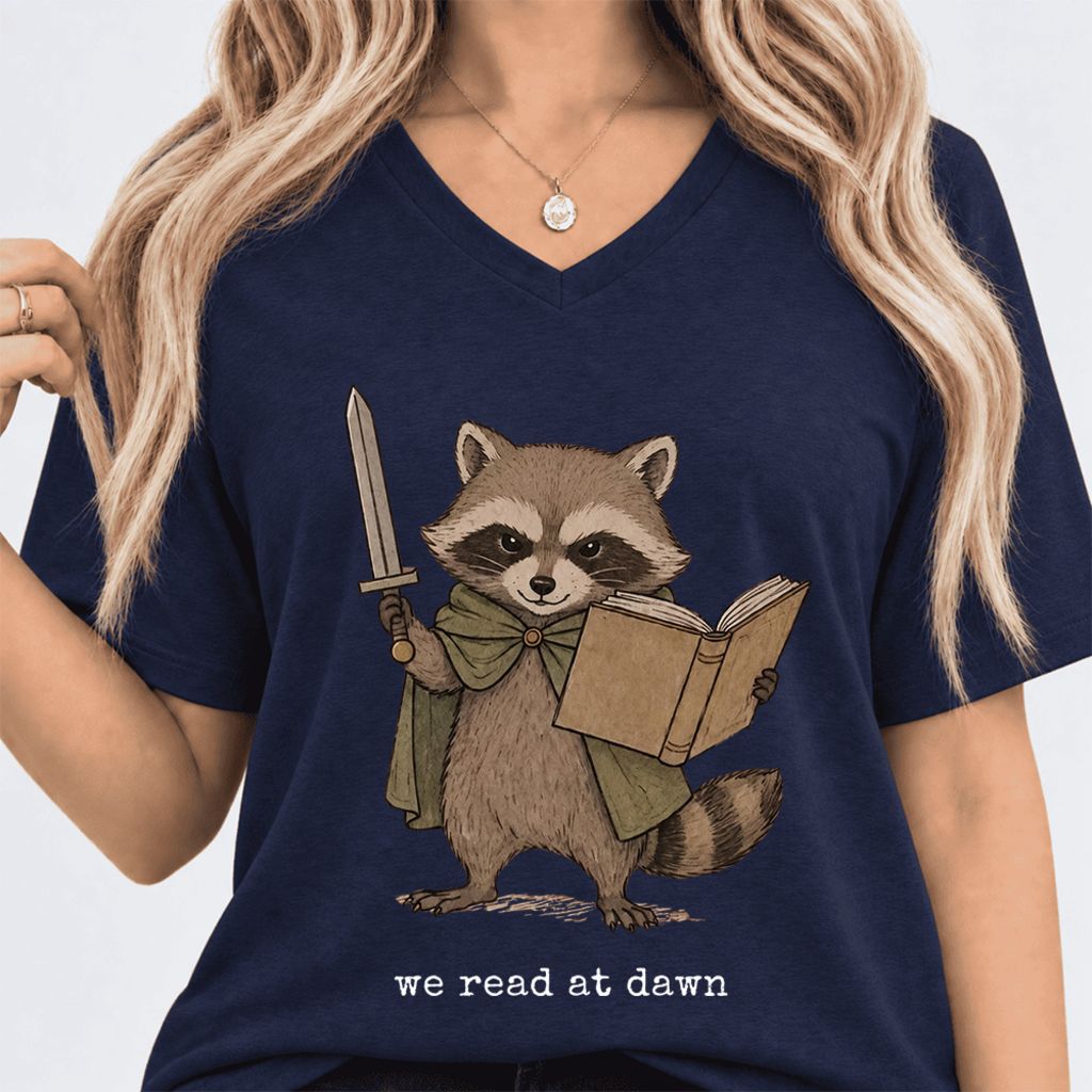 We Read At Dawn Funny Racoon Ultra-Soft V-Neck | Cozy Book Lover Gift Navy