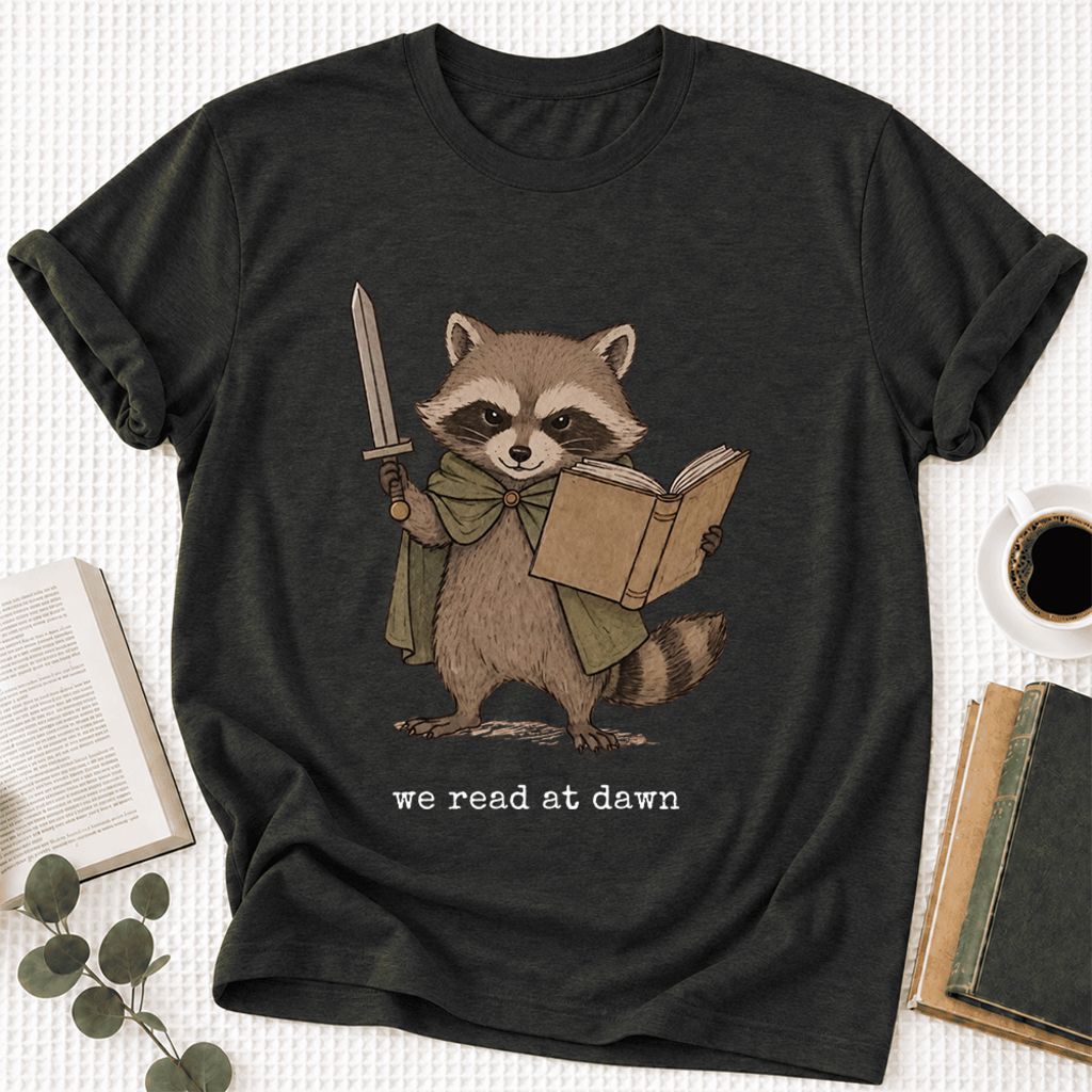 We Read At Dawn Funny Racoon Ultra-Soft Cotton T-Shirt | Playful Reader Gift Black Heather