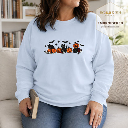 Black Cats And Halloween Embroidered Sweatshirt | Spooky Book Lover Gift Light Blue