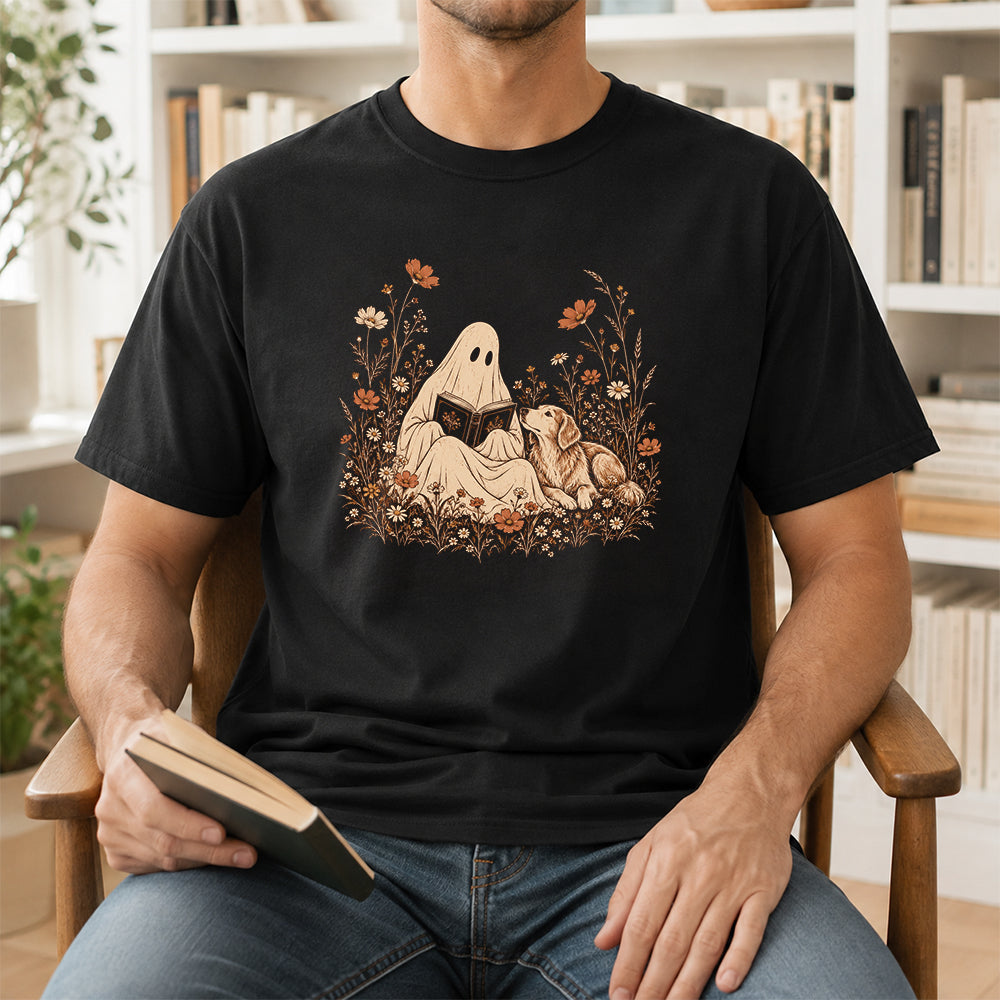 Ghost Wildflowers With Book And Golden Retriever Printed T-Shirt | Halloween Dog Lover Gift Black