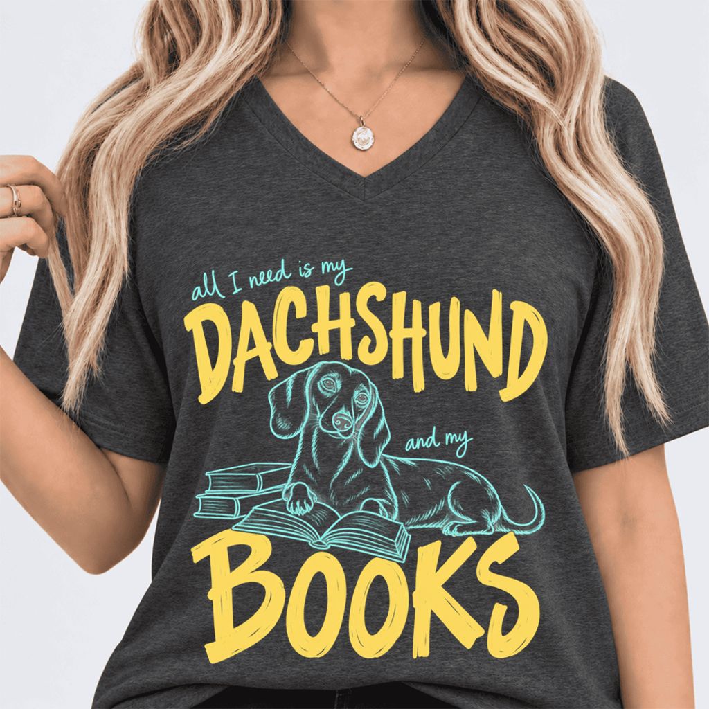All I Need Is My Dachshund And My Books Ultra-Soft V-Neck | Dog Mom Reader Gift Dark Grey Heather