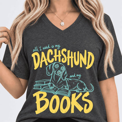 All I Need Is My Dachshund And My Books Ultra-Soft V-Neck | Dog Mom Reader Gift Dark Grey Heather