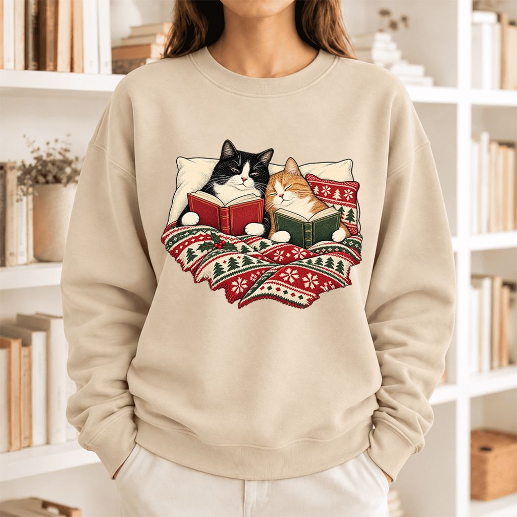 Christmas Reading Cat Couple Softstyle Sweatshirt | Cozy Christmas Gift Sand