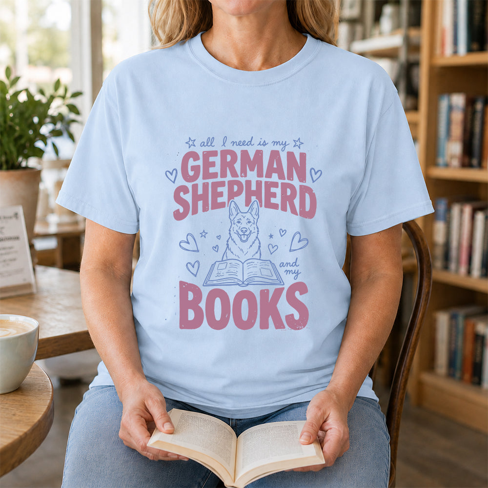 All I Need Is My German Shepherd And My Books Cotton T-Shirt | Dogs Lover & Reader Gift Light Blue