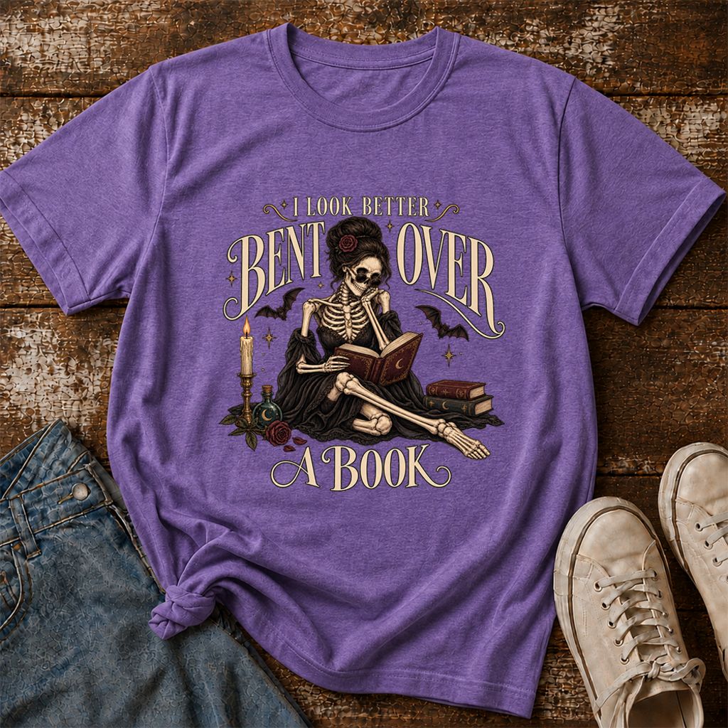 I Look Better Bent Over A Book Printed T-Shirt | Halloween Smut Book Lover Gift Heather Purple