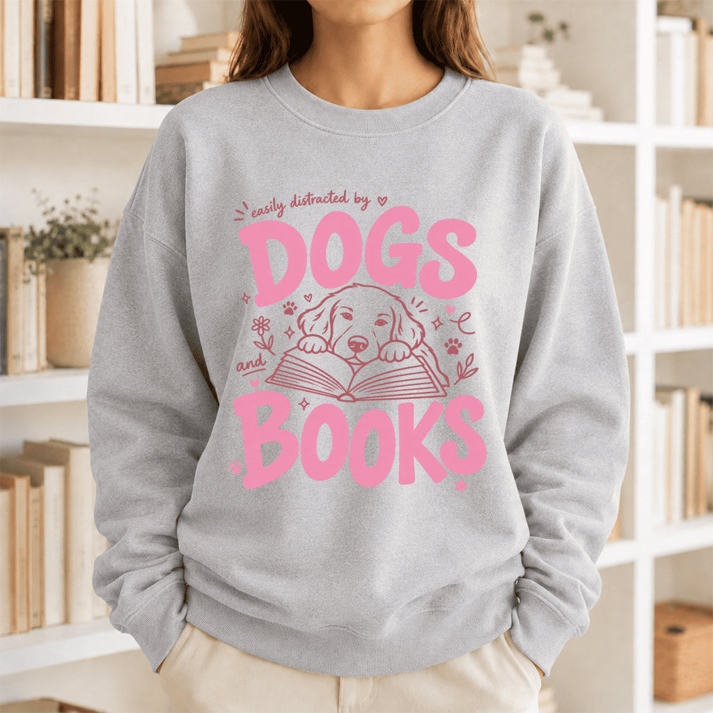 Easily Distracted By Dog And Books Crewneck Sweatshirt | Dog Lover & Reader Gift Sport Grey