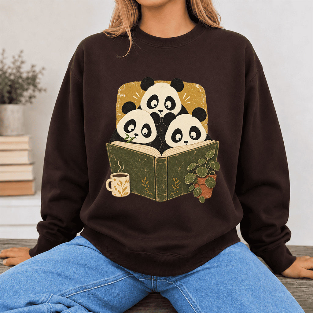 Curious Pandas Reading Crewneck Sweatshirt | Panda Lover & Reader Gift Dark Chocolate