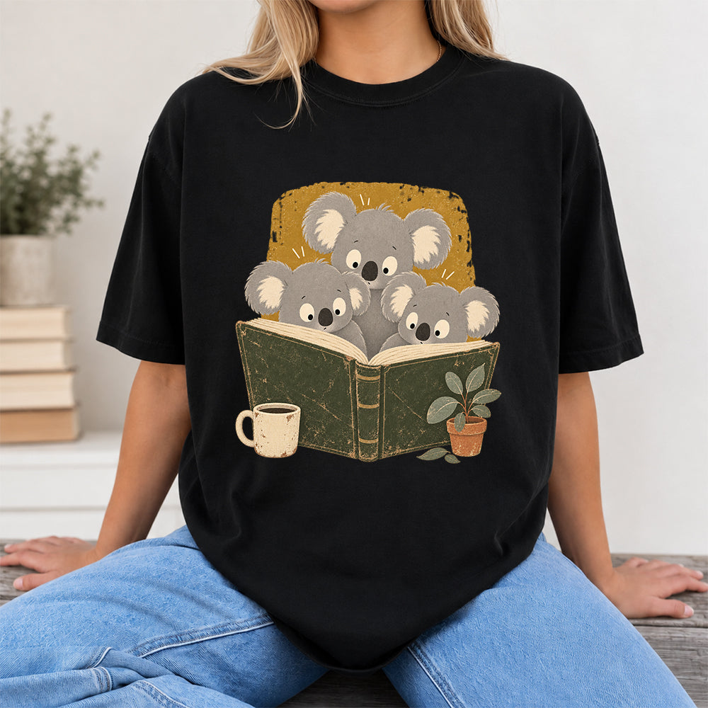 Minimal Japanese Koalas Reading Softstyle T-Shirt | Book Lover Gift Black
