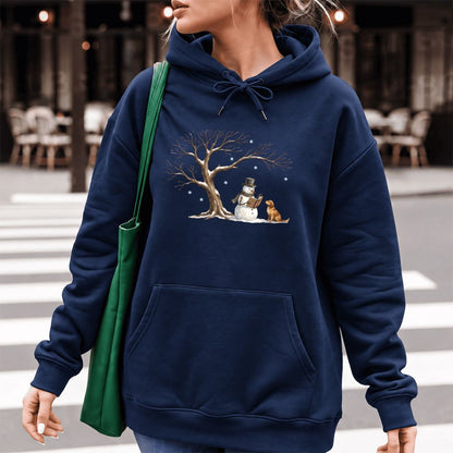 Golden Retriever And Snowman Under Tree Softstyle Hoodie | Christmas Reader Gift Navy