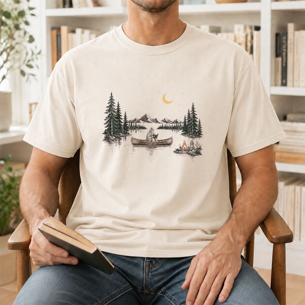 Reading Ghost On The Boat Printed T-Shirt | Spooky Book Lover Gift Natural