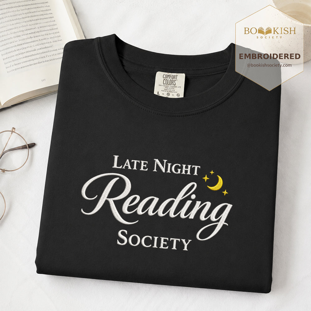 Late Night Reading Society Embroidered Comfort Color® T-shirt | Book Lover Gift Black