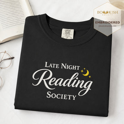 Late Night Reading Society Embroidered Comfort Color® T-shirt | Book Lover Gift Black