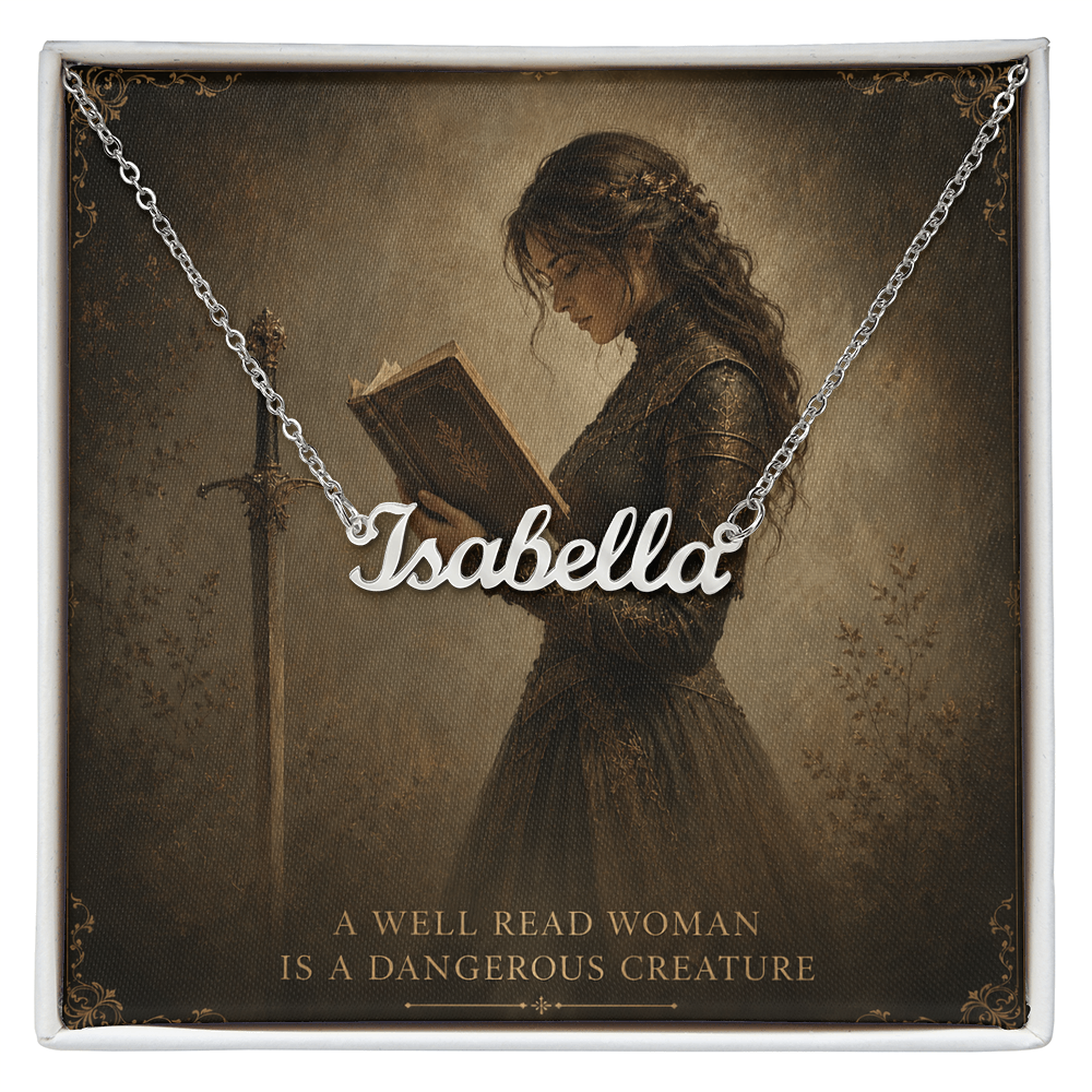 A Well Read Woman Is A Dangerous Creature Decorative Card And Custom Name Polished Stainless Steel Necklace With Box Book Lover Gift Font 1