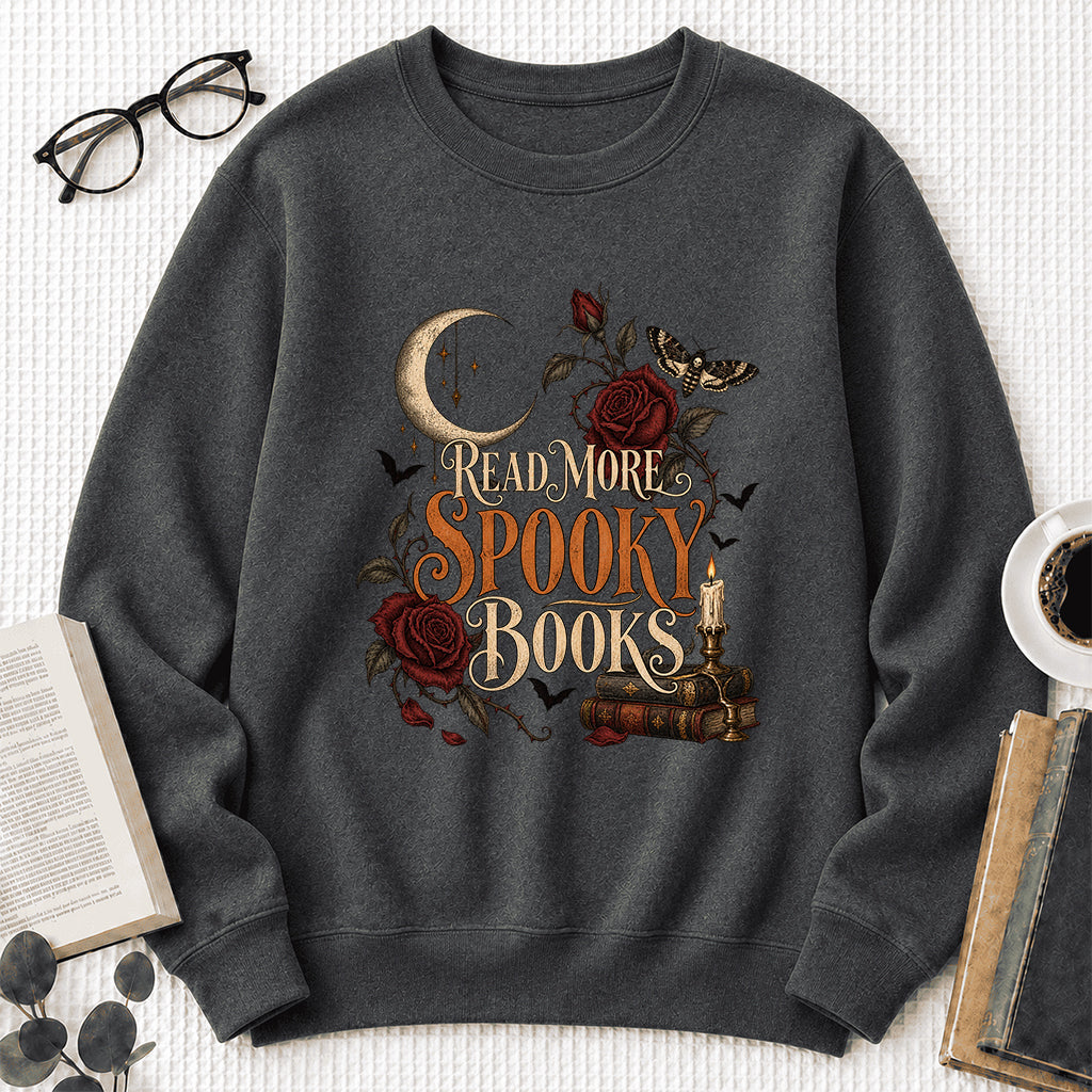 Read More Spooky Books Printed Sweatshirt | Halloween Book Lover Gift Dark Heather