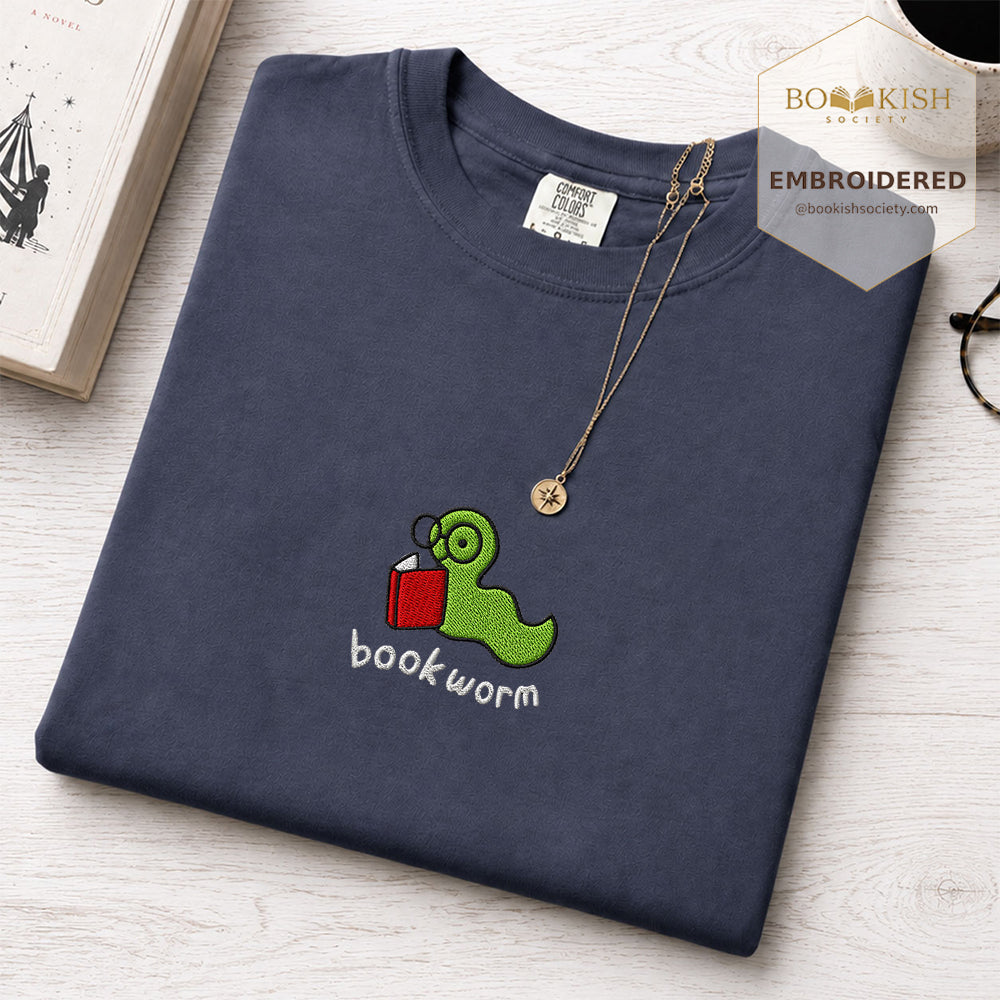 Embroidered Bookworm Comfort Color® T-shirt Book Lover Gift Denim
